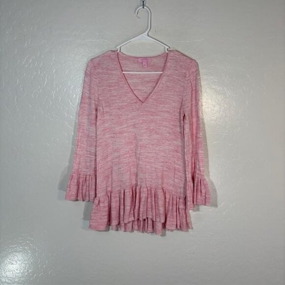 Lilly Pulitzer Sweater Womens Small Pink Ruffle Hem V Neck Style 29859 - Picture 1 of 9